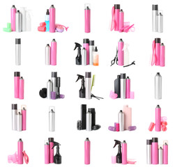 Set of hair sprays and hairdresser tools on white background