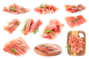 Set of tasty ham isolated on white