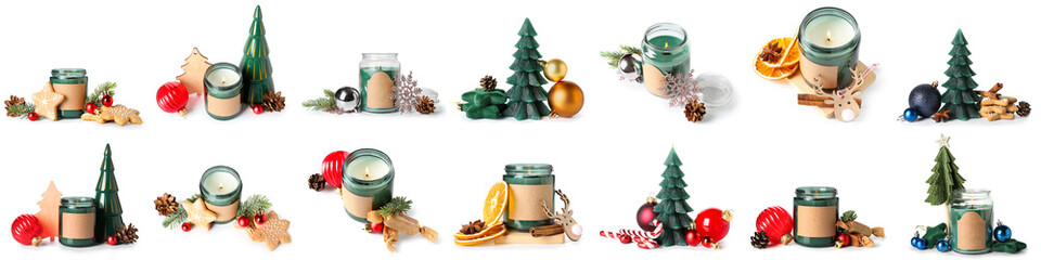Set of candles and Christmas decor isolated on white