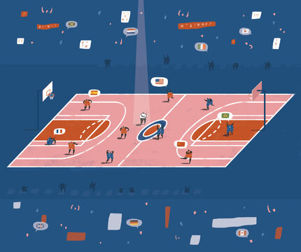 Illustration of Multinational Basketball Players Speaking on Court