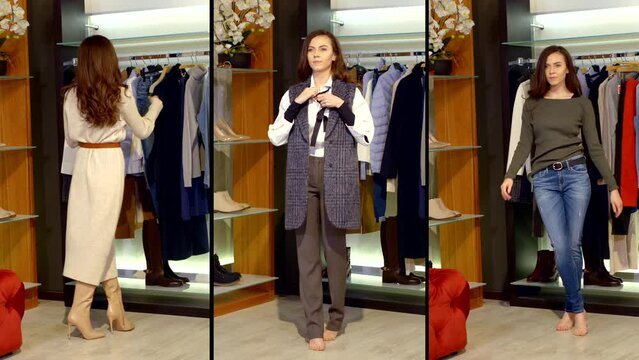 A collage of a pretty woman showing different outfits in an expensive clothing boutique. A beautiful lady in the concept of a clothing store.