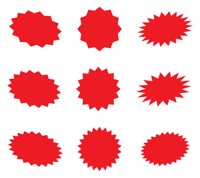Sunburst promotion tag, starburst red speech bubbles, bursting sticker promo badges. Explosion star button vector illustration.