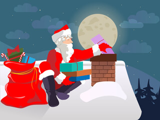 Santa Claus climbed on the roof of a house leaving gifts through the chimney