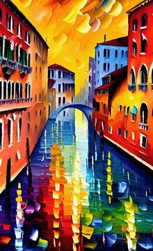 Digital painting Venice canals and houses, colorful palette knife oil painting graphic imitation, canvas print or poster template