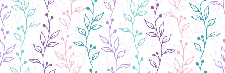 Berry bush twigs organic vector seamless ornament. Romantic herbal fabric print. Wild plants foliage and blossom illustration. Berry bush sprouts doodle endless swatch
