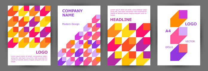 Business publication cover template collection vector design. Bauhaus style isometric journal