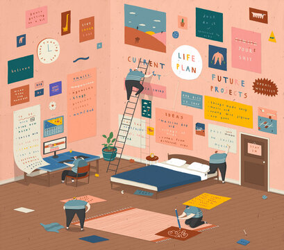 Illustration of Room with Life Plans on Walls