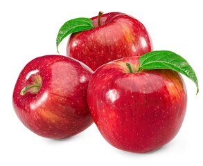 three red apples with green leaves isolated on white background. clipping path