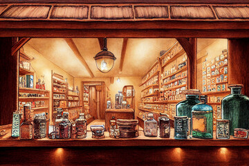 Medieval pharmacy store, illustration