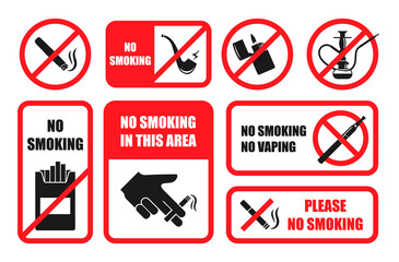 No smoking vaping zone forbidden monochrome symbols red frame set realistic vector illustration