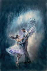 Abstract ballroom couple dancing in the rain and mist - obrazy, fototapety, plakaty
