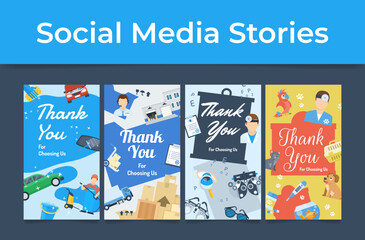 Thank you for choosing us service social media stories set vector illustration