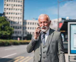 Senior businessman talking on smart phone by the road in the city during sunny day.