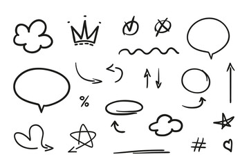 Black infographic elements on isolated white background. Hand drawn simple doodles. Set of different sketchy objects. Black and white illustration