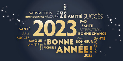 Carte de voeux – bonne année 2023 - noir et dorée - Nous vous souhaitons Bonne Année 2023 Typographie en or de langue française sur fond noir - obrazy, fototapety, plakaty