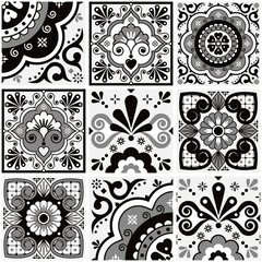 Mexican talavera tiles vector seamless black, gray and white pattern with flowers leaves, hearts and swirls - big set, repetitive design styled as Mexican ornamental tiles 