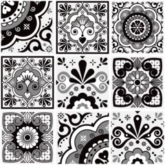 Stof per meter Mexican talavera tiles vector seamless black, gray and white pattern with flowers leaves, hearts and swirls - big set, repetitive design styled as Mexican ornamental tiles  © redkoala