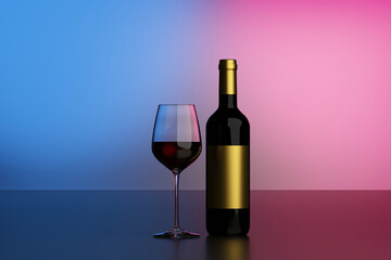 Bottle of red wine with label and a glass goblet in photo-realistic style. 3d illustration