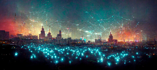 Aerial views of high-speed internet connection visualized as glowing cable web sending digital data over spectacular dark cityscape with skyscrapers. People using smart phone with bright screen
