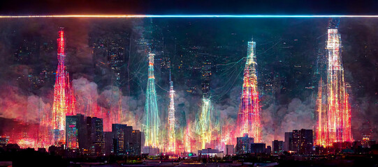 Obraz premium Aerial views of high-speed internet connection visualized as glowing cable web sending digital data over spectacular dark cityscape with skyscrapers. People using smart phone with bright screen
