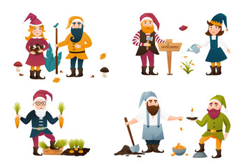 Gnome set. Gardening cute. Set of cute fairytale characters. Bundle of lawn ornaments or decorations. Flat cartoon vector illustration.