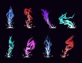 Lightning animation set with sparks. Cartoon lightning effect. Thunderbolt strike comic sprite asses for 2D game