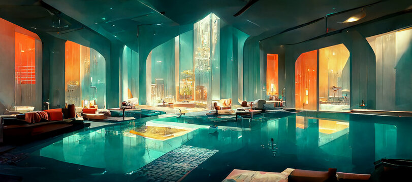 Cyberpunk Luxurious Hotel Wellness Area With Futuristic Indoor Pool Area And Eastern Inspired Furniture In Optimistic Futuristic Neon Colors.. Synthwave Styled Interior In Pink Orange Purple Tones