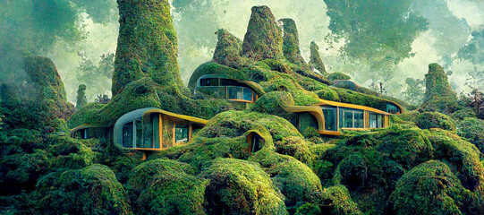 Futuristic glass house covered with moss, grass and flowers. Architectural and nature concept