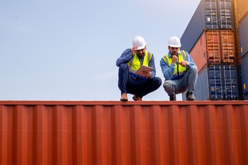 Team Businessman checking goods at a container shipping company, Caucasian worker planning transportation of goods to distributors through the ship. The concept of logistics worldwide cargo container