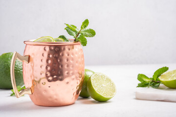 Moscow mule alcoholic cocktail in copper mug with lime, mint and cucumber