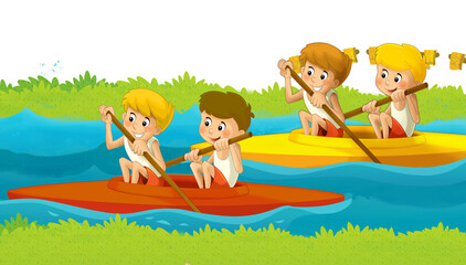 Obraz na płótnie Canvas cartoon summer with kids training sport in nature kayak illustration for children