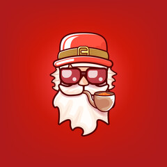 Santa Claus head with Santa red hat, smoking pipe and red hipster sunglasses isolated on red Christmas background. Santa label or sticker design template