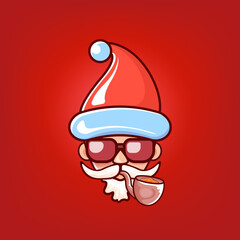 Santa Claus head with Santa red hat, smoking pipe and red hipster sunglasses isolated on red Christmas background. Santa label or sticker design template