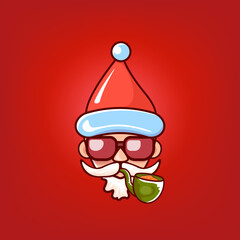 Santa Claus head with Santa red hat, smoking pipe and red hipster sunglasses isolated on red Christmas background. Santa label or sticker design template