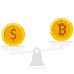 Bitcoin over dollar on weighing scales.