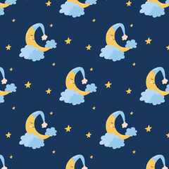 Obraz na płótnie Canvas Cute childish seamless pattern with moon, clouds and stars. Pattern for childrens pajamas. Good night. Vector illustration hand drawn cartoon style.