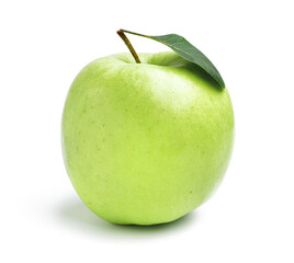 Ripe green apple with leaf on white background