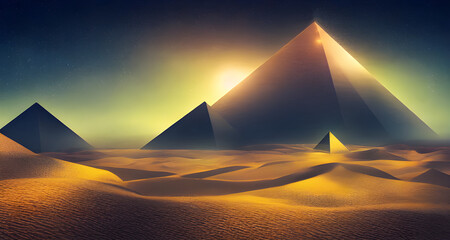 Fototapeta na wymiar Digital Illustration Landscape Pyramids Sunset 