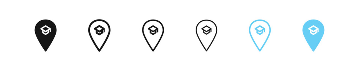 Obraz premium Pin study icon. University location sign. School geo place symbol. College location icon. Black and blue color. Vector sign.