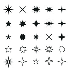 Black icons of different shapes of stars isolated on white background