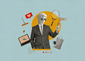 Creative collage modern business man with an antique david's head  - obrazy, fototapety, plakaty