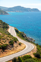Panoramic road along the coast in Villasimius. Road 17 between Cagliari and Villasimius, Sardinia, Italy