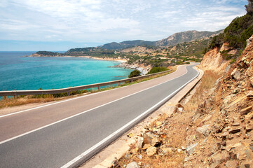 Panoramic road along the coast in Villasimius. Road 17 between Cagliari and Villasimius, Sardinia, Italy