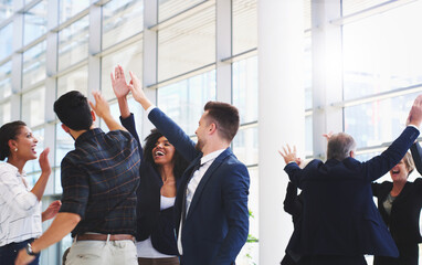Success, support and winner with business people and high five in office for deal, celebration or...