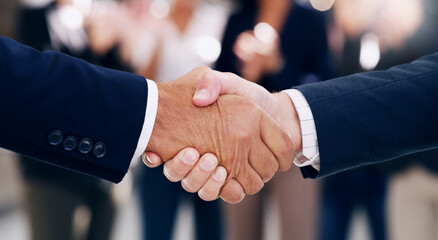 Business people, shaking hands and corporate partnership, meeting and networking agreement, hiring...