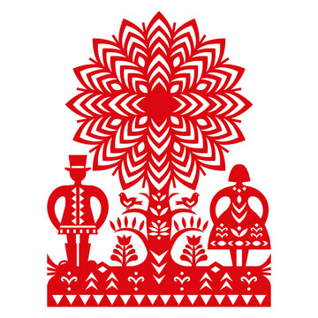 Polish folk art vector pattern with two man in hat, woman and birds Kurpiowskie Leluje Wycinanki - Kurpie paper cut outs design in red


