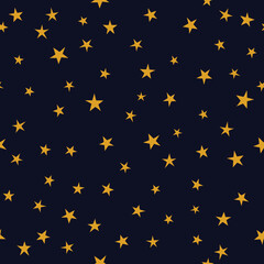 yellow hand drawn stars over a blue background. Childlike style. Vector Seamless pattern illustration