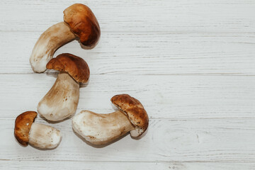 Boletus edulis on a table made of white boards preparation for eating.