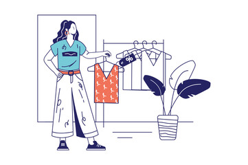 People shopping concept in flat line design for web banner. Woman choosing, trying and buying stylish clothes at store or boutique, modern people scene. Illustration in outline graphic style