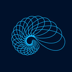 Spiral, swirl, shell logo.Twirl symbol isolated on dark fund.Fractal art lines icon.Structural design elements.Decorative, sacred geometry sign concept.Artistic style vector illustration.